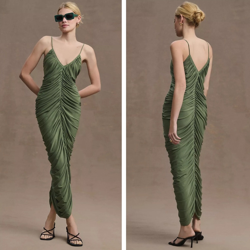 NORMA KAMALI Anthropologie Diana Ruched Maxi Slip Dress NEW Size S Green